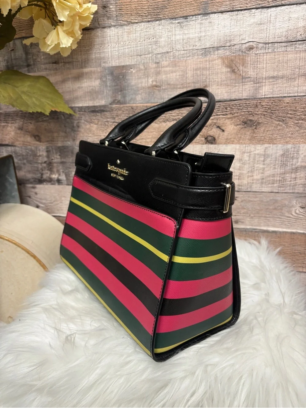 Kate Spade Black w/ Pink, Green, and Yellow Striped Saffiano Leather Satchel - Picture 2 of 7
